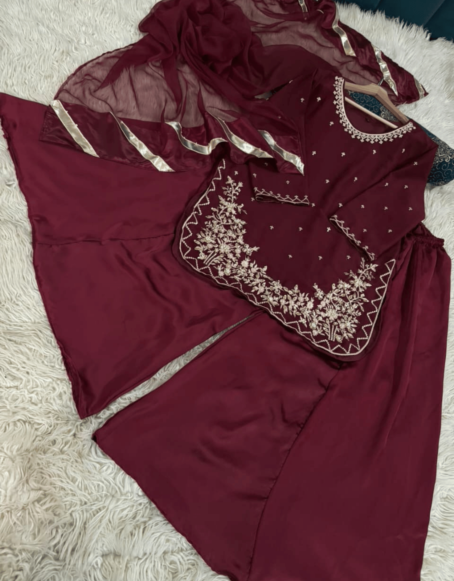 Party Wear 3PC Chiffon Sharara Suit – Handmade Embroidery